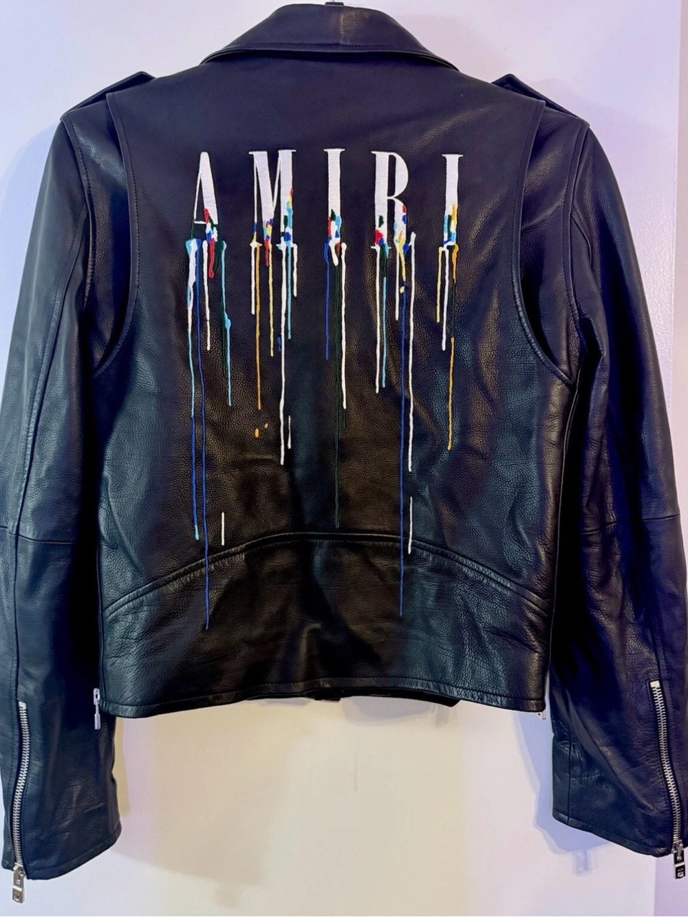 AMIRI Black Leather Jacket with Drip-Logo Detail